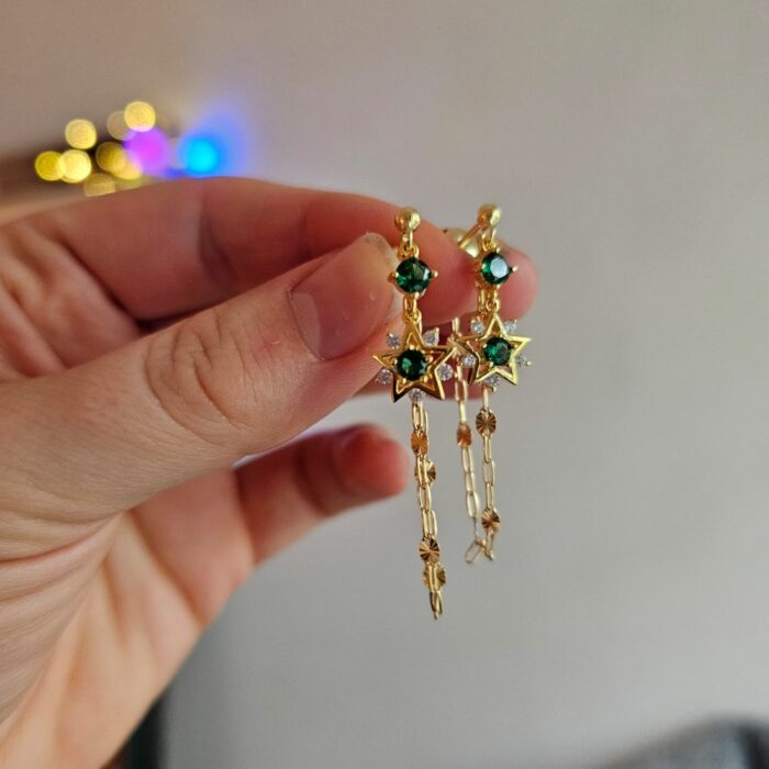 'Emerald City' Golden Star Chain Drop Earrings - Image 3