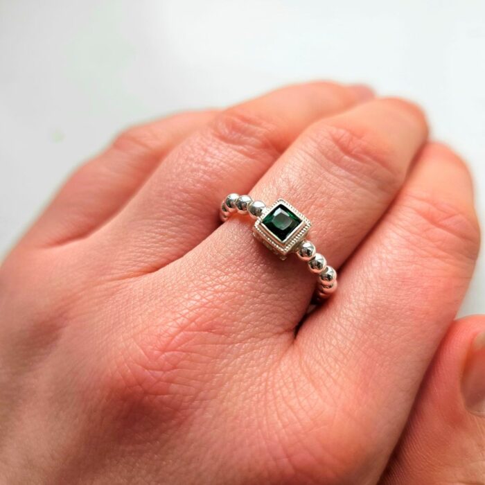 Emerald City Square Sterling Silver Beaded Stretchy Charm Ring - Image 2