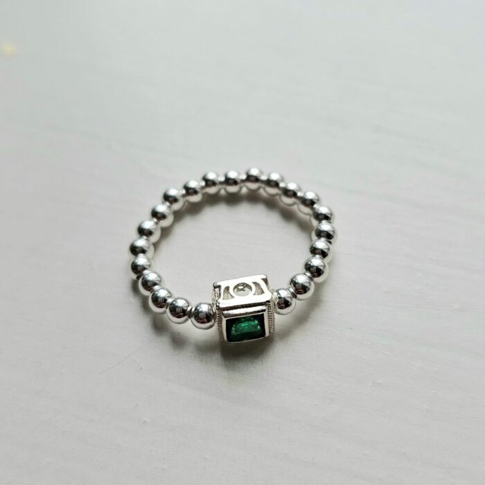 Emerald City Square Sterling Silver Beaded Stretchy Charm Ring - Image 3