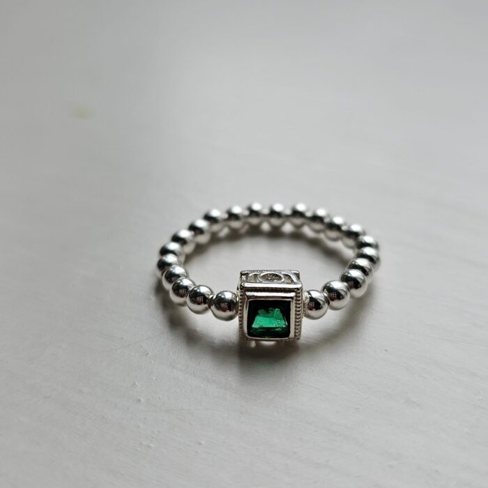 Emerald City Square Sterling Silver Beaded Stretchy Charm Ring - Image 5