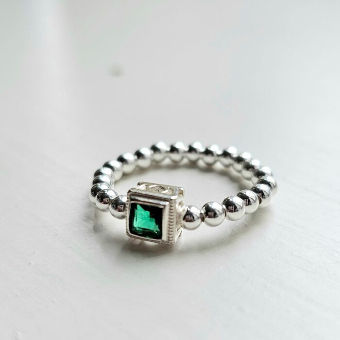 Emerald City Square Sterling Silver Beaded Stretchy Charm Ring