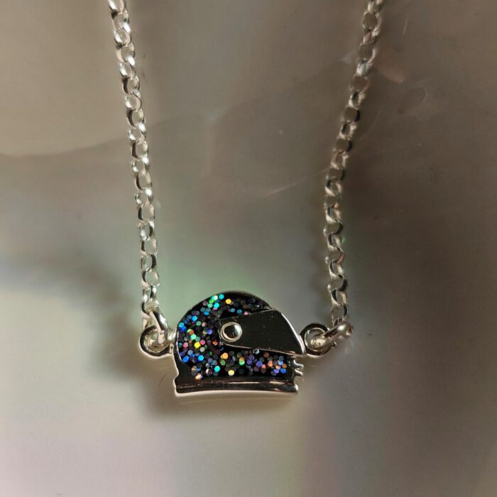 Holographic Glitter Racing Helmet Necklace in Sterling Silver