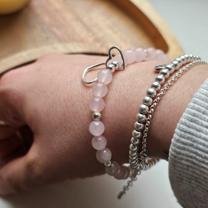 Interlinking Love Hearts Sterling Silver Stretchy Bracelet with Rose Quartz - Image 4