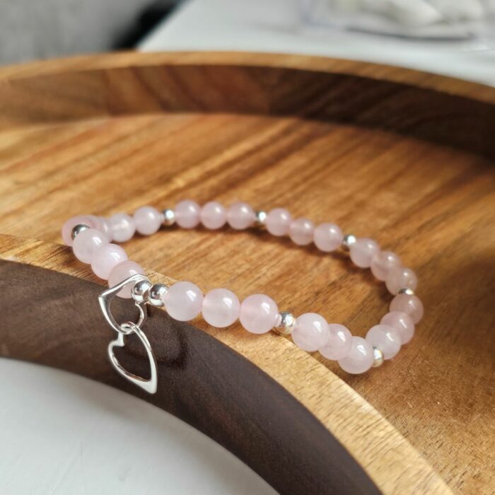 Interlinking Love Hearts Sterling Silver Stretchy Bracelet with Rose Quartz - Image 2