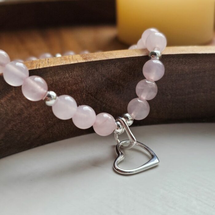 Interlinking Love Hearts Sterling Silver Stretchy Bracelet with Rose Quartz - Image 5