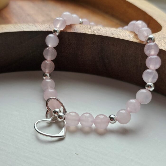 Interlinking Love Hearts Sterling Silver Stretchy Bracelet with Rose Quartz - Image 6