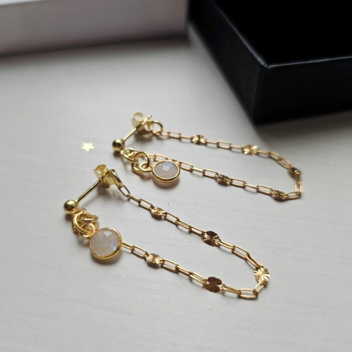 Moonstone and Starburst Golden Chain Drop Earrings