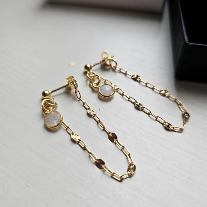 Moonstone and Starburst Golden Chain Drop Earrings - Image 3