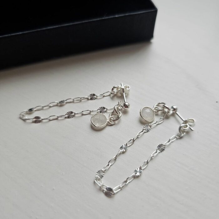 Moonstone and Starburst Silver Chain Drop Earrings