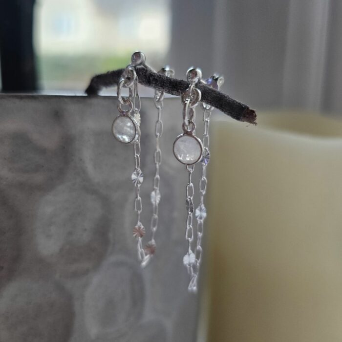 Moonstone and Starburst Silver Chain Drop Earrings - Image 3