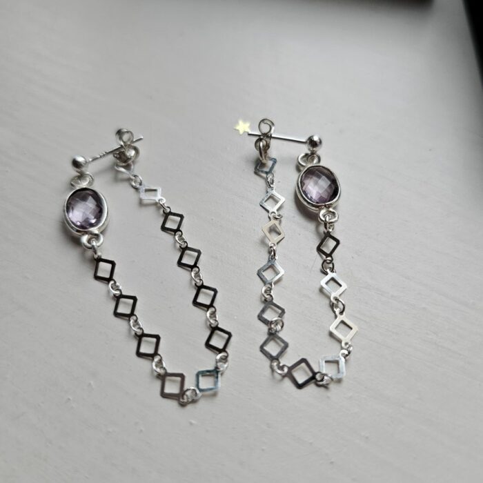 Pink Amethyst Oval Gemstone Diamond Chain Drop Earrings - Image 2