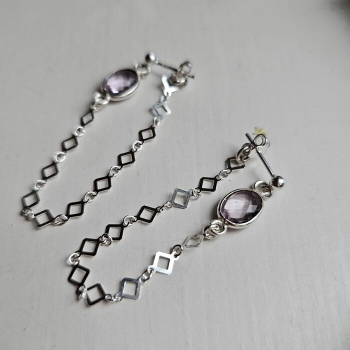 Pink Amethyst Oval Gemstone Diamond Chain Drop Earrings