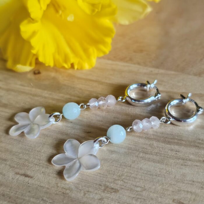 Springtime Blooms 1 - Statement Mother of Pearl Flower Hinged Huggie Hoops with Amazonite and Rose Quartz Beads