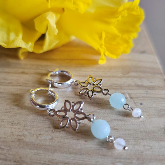 Springtime Blooms 12 - Amazonite Flower Hinged Huggie Hoop Statement Drop Earrings