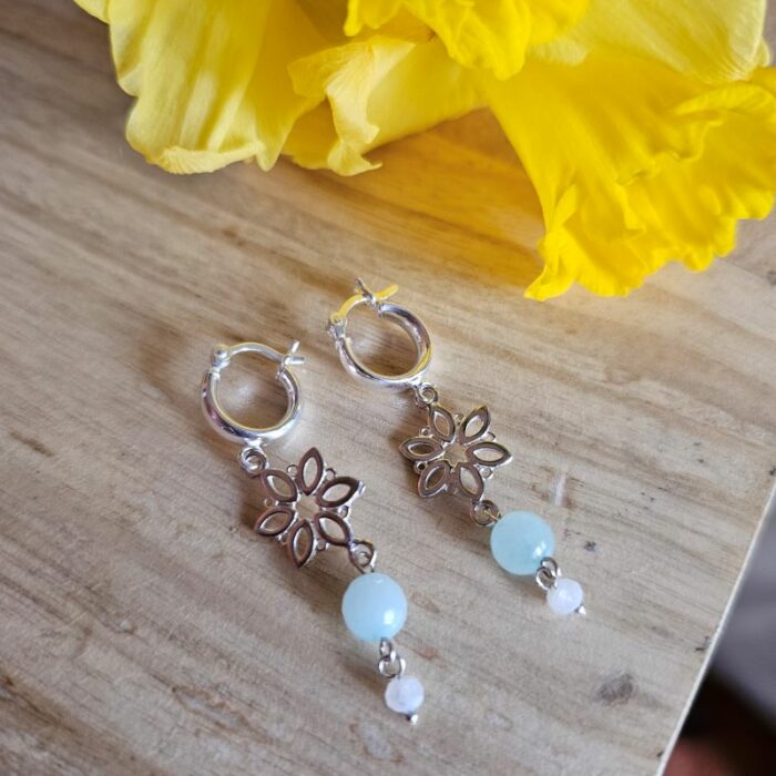 Springtime Blooms 12 - Amazonite Flower Hinged Huggie Hoop Statement Drop Earrings - Image 2