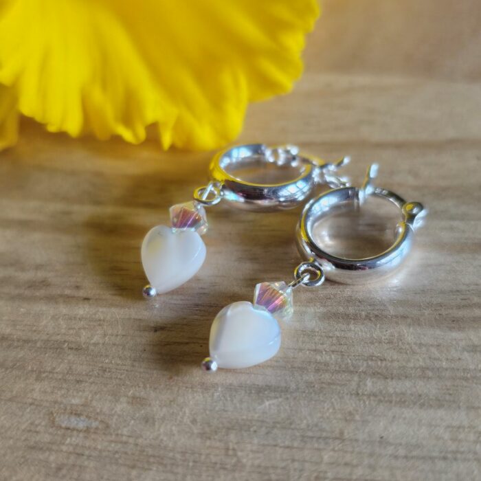 Springtime Blooms 2 - Mother of Pearl Heart Hinged Huggie Hoops