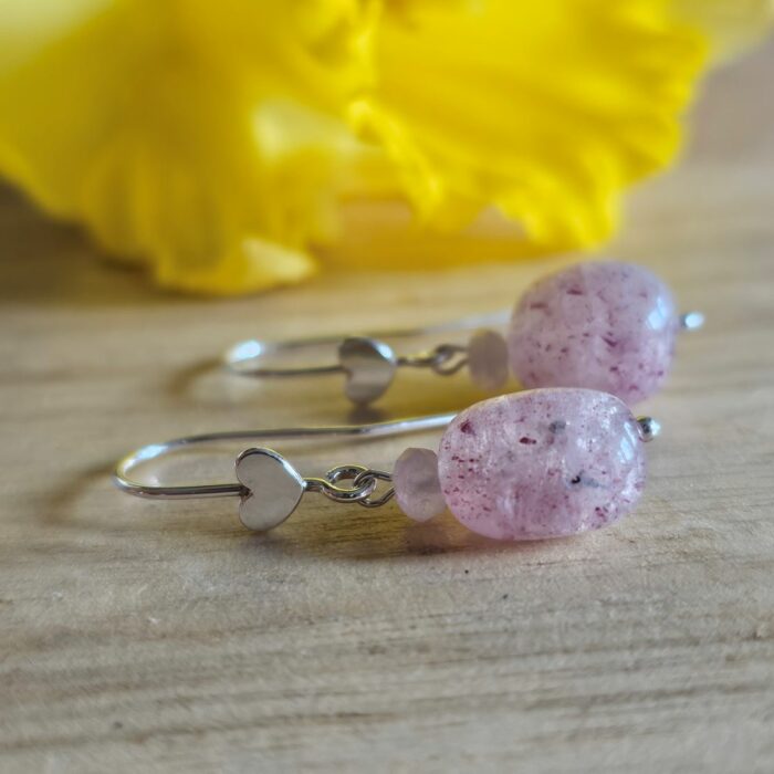 Springtime Blooms 4 - Strawberry Quartz Drop Earrings with Silver Hearts