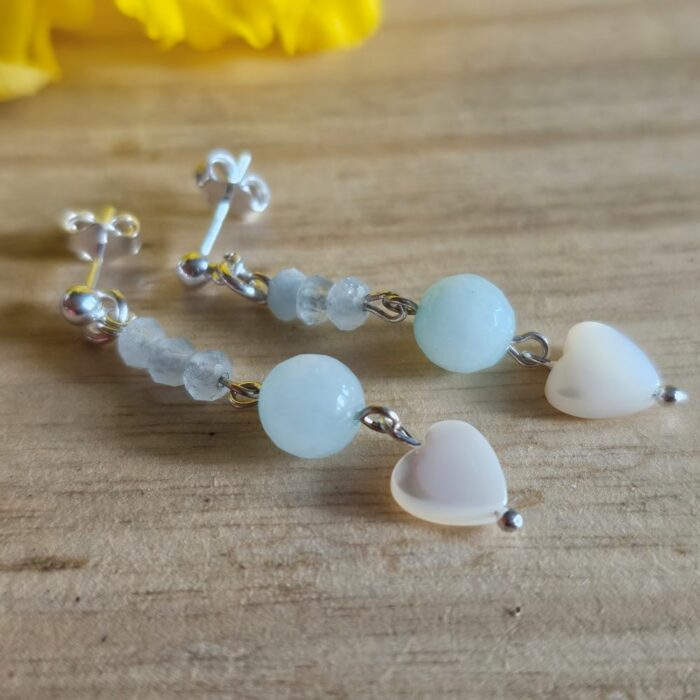 Springtime Blooms 6 - Mother of Pearl Heart Drop Studs with Amazonite and Aquamarines