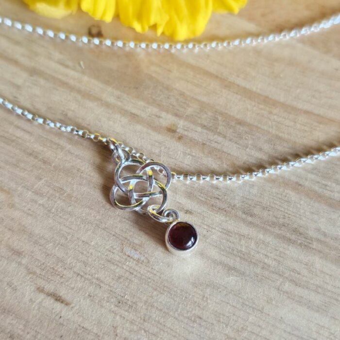 Springtime Blooms 8 - Celtic Flower Knot Necklace with Garnet in Sterling Silver - Image 2