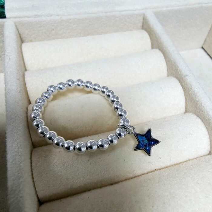 'The Star on top of the Tree' Sterling Silver Beaded Stretchy Charm Ring - Image 5