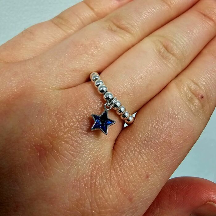 'The Star on top of the Tree' Sterling Silver Beaded Stretchy Charm Ring - Image 6