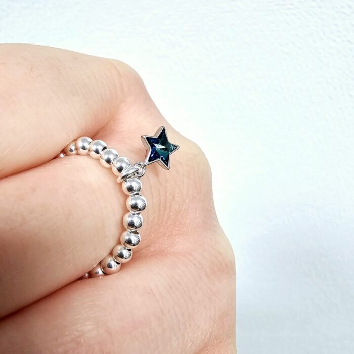 'The Star on top of the Tree' Sterling Silver Beaded Stretchy Charm Ring - Image 2