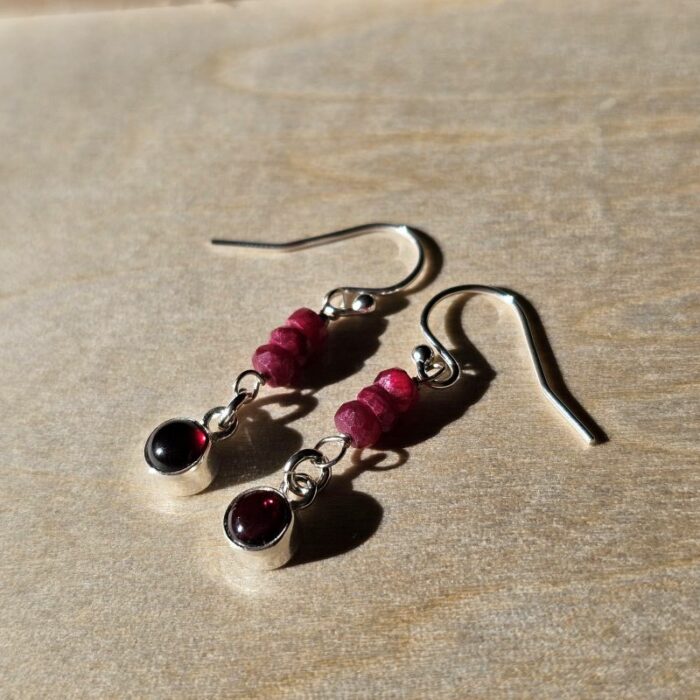 Springtime Blooms 13- Garnet and Pink Sapphire Drop Earrings - Image 2