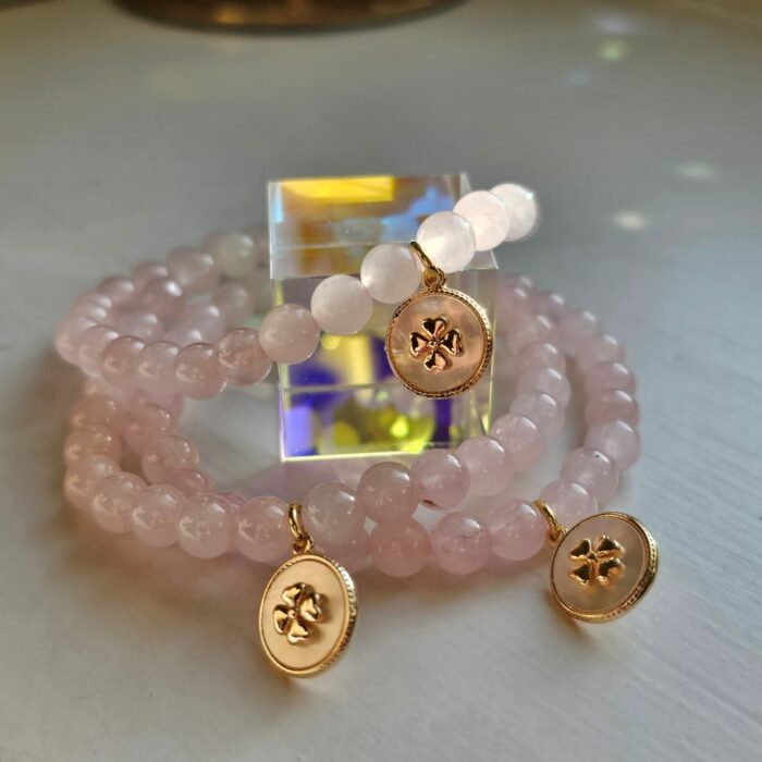 Gorgeous Healing Rose Quartz Mother of Pearl Four Leaf Clover Stretchy Bracelet - Image 4