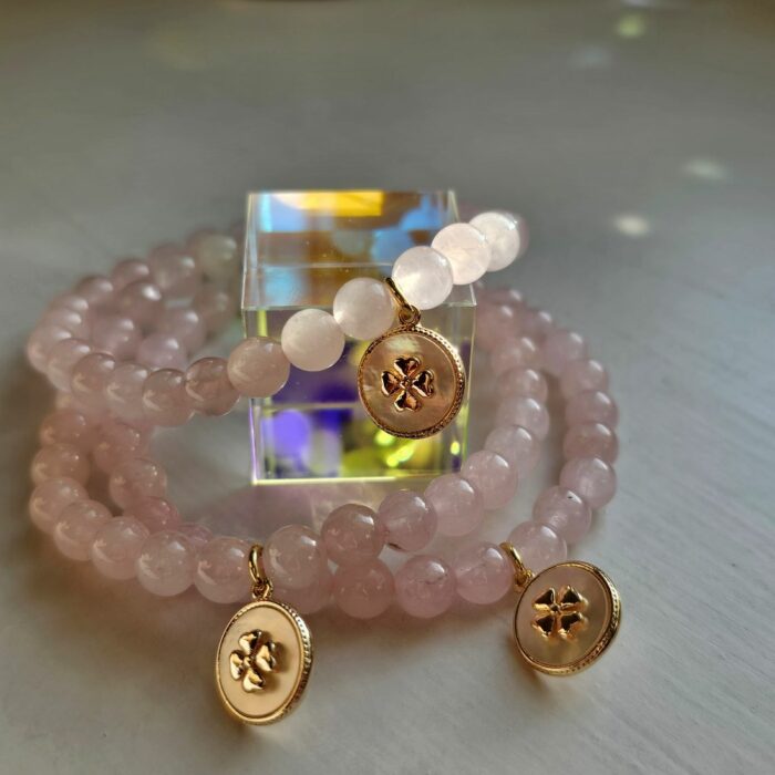 Gorgeous Healing Rose Quartz Mother of Pearl Four Leaf Clover Stretchy Bracelet - Image 5