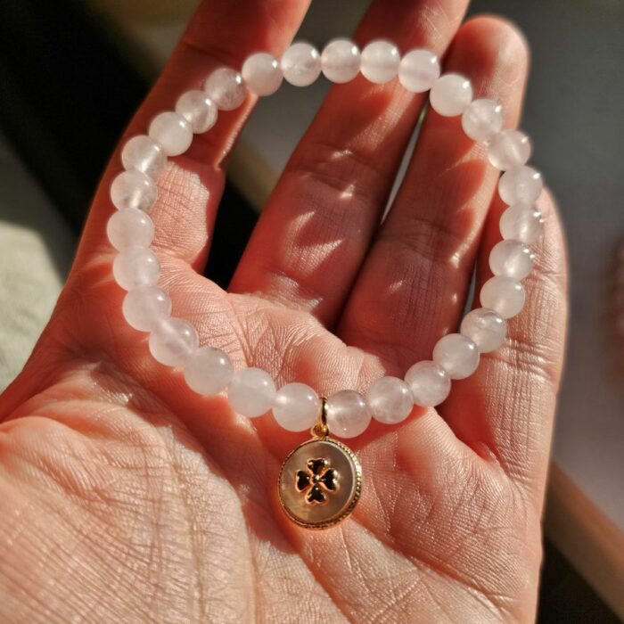 Gorgeous Healing Rose Quartz Mother of Pearl Four Leaf Clover Stretchy Bracelet - Image 2