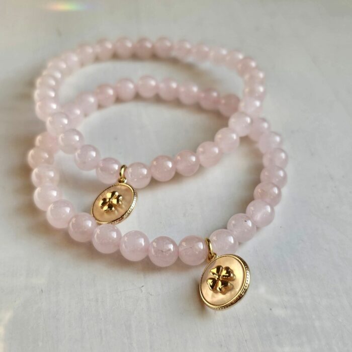 Gorgeous Healing Rose Quartz Mother of Pearl Four Leaf Clover Stretchy Bracelet