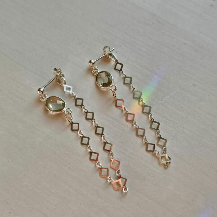 Green Amethyst Oval Gemstone Diamond Chain Drop Earrings - Image 2