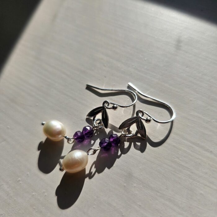 Springtime Blooms 16 - Sterling Silver and Amethyst Bead Leaves Earrings With Fresh Water Pearls - Image 3