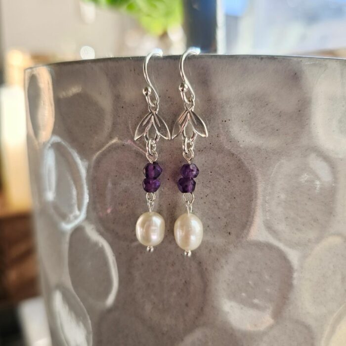 Springtime Blooms 16 - Sterling Silver and Amethyst Bead Leaves Earrings With Fresh Water Pearls