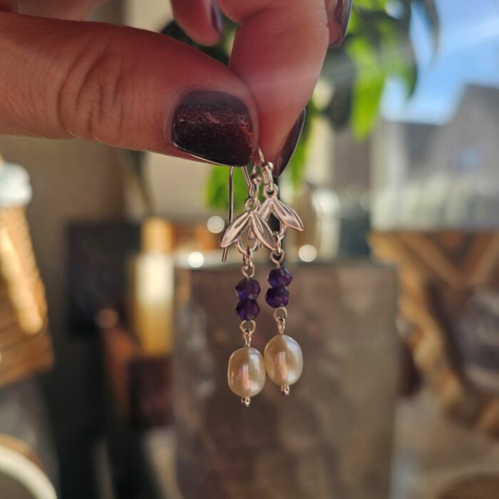 Springtime Blooms 16 - Sterling Silver and Amethyst Bead Leaves Earrings With Fresh Water Pearls - Image 2