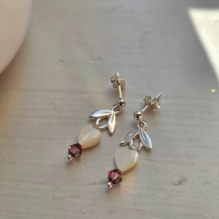 Springtime Blooms 18 - Sterling Silver Leaves Earrings With Mother of Pearl Dinky Hearts - Image 2