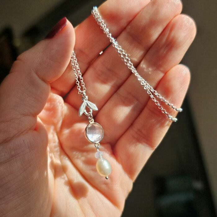 Springtime Blooms 19 - Sterling Silver Rose Quartz, Fresh Water Pearl And Leaf Necklace 18 Inch Chain