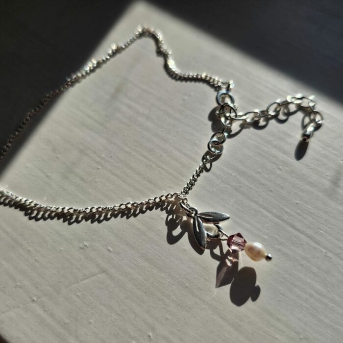 Springtime Blooms 23 - Sterling Silver Fresh Water Pearl and Crystal Bracelet with Leaves - Image 3