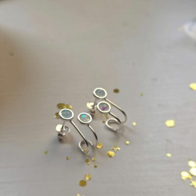 Double Stud Illusion Blue Opal Earrings in Sterling Silver