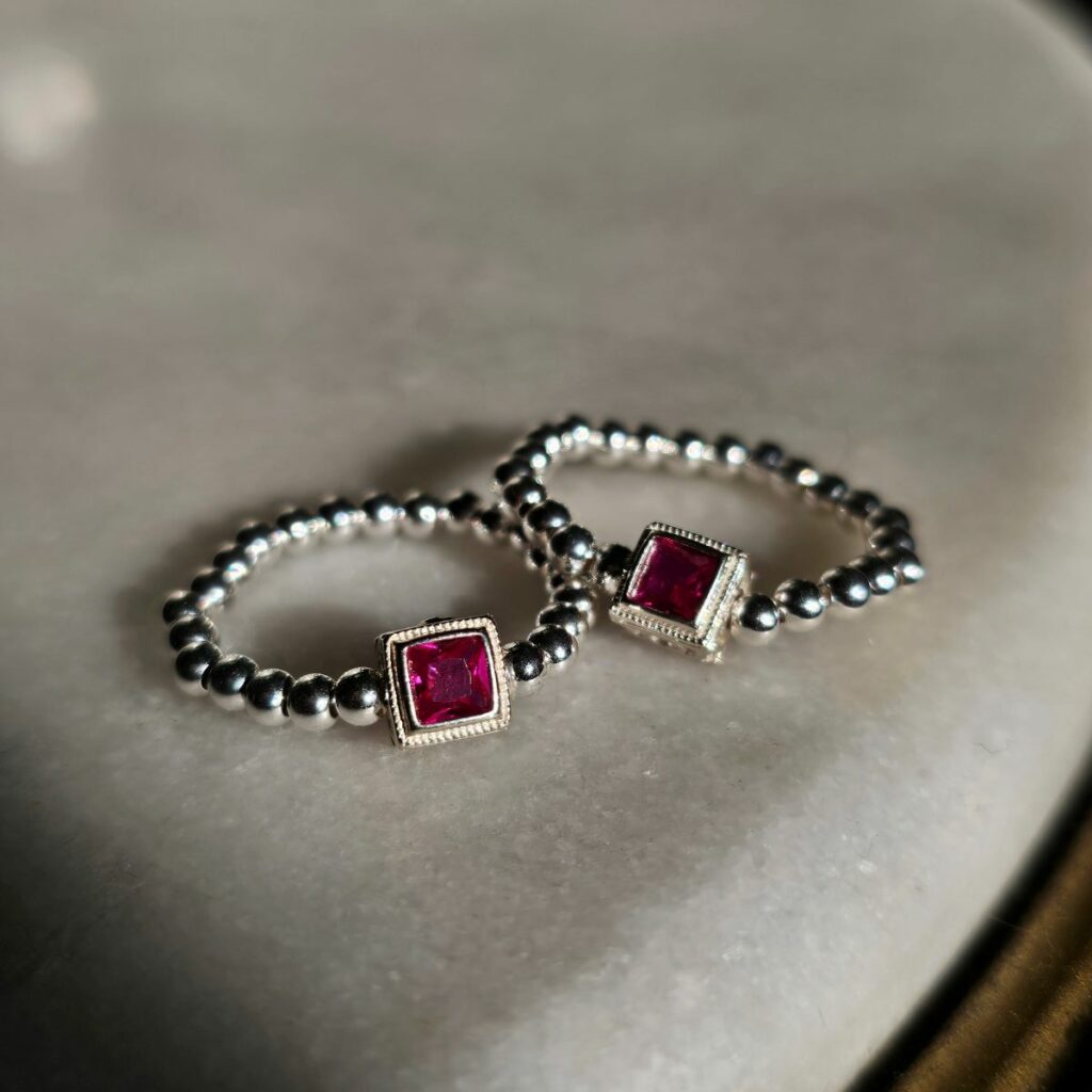 Ruby Red Square Sterling Silver Beaded Stretchy Charm Ring