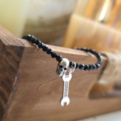 Sparkling Black Spinel Skull and Spanners Guy Martin Inspired Bracelet in Sterling Silver - Special 2 Week Arrival
