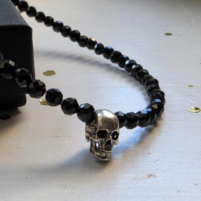 Sparkling Black Spinel Skull Bracelet in Sterling Silver