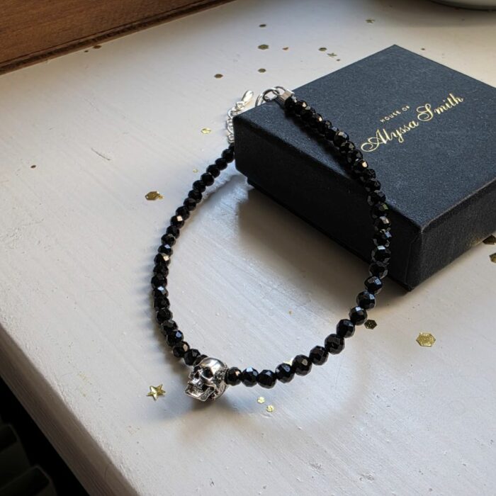 Sparkling Black Spinel Skull Bracelet in Sterling Silver - Image 2