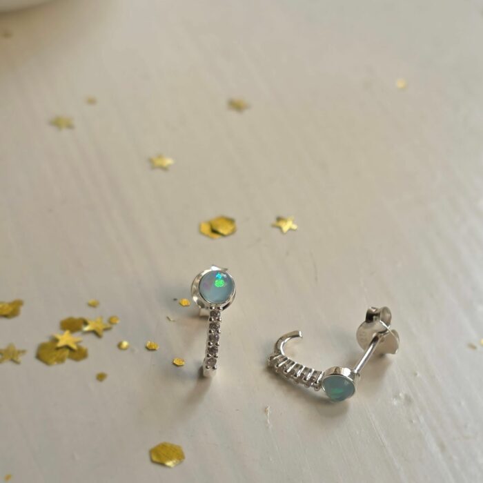 Sparkling Blue Opal Half Huggie Stud Earrings in Sterling Silver - Image 2