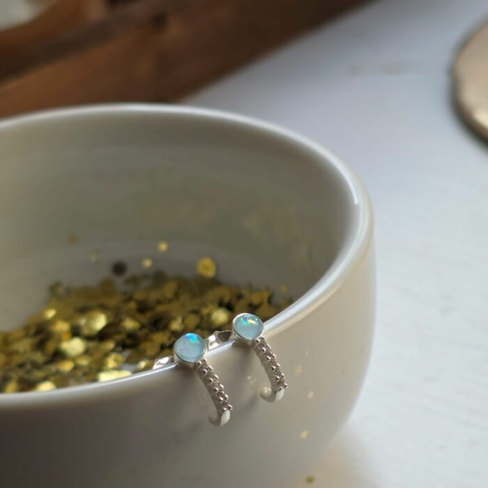 Sparkling Blue Opal Half Huggie Stud Earrings in Sterling Silver