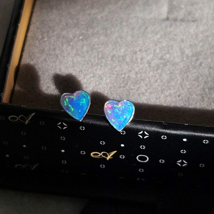 Sparkling Blue Opal Heart Studs - Image 2