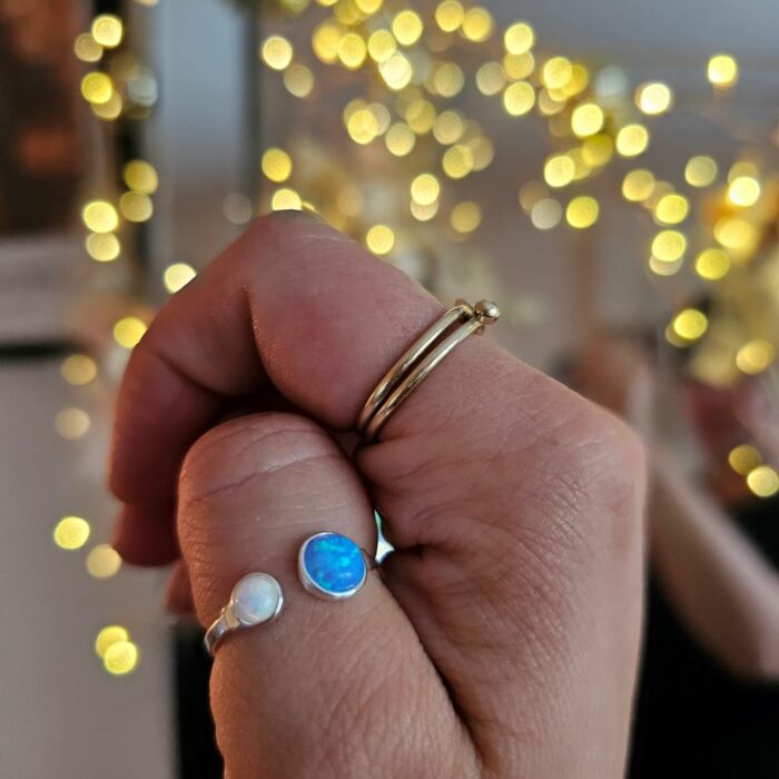 Sparkling Double Opal Adjustable Silver Ring