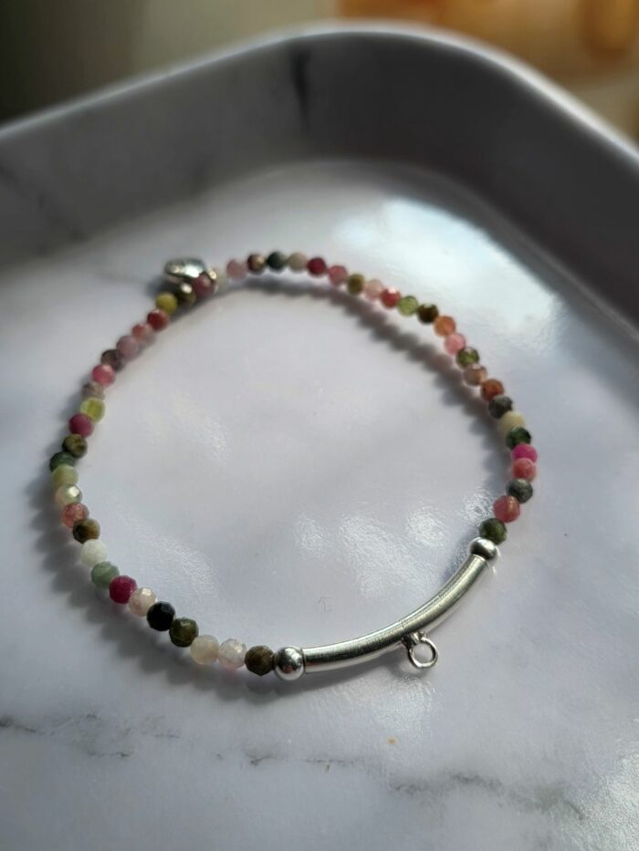 Watermelon Tourmaline And Sterling Silver Charm Carrier Bracelet