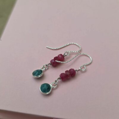 Bargain Hunters Green Emerald With Pink Raw Rubies Earrings 30-  Sterling Silver