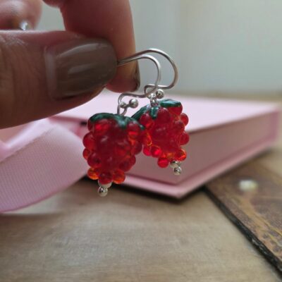 Bargain Hunters Juicy Raspberry Lamp Work Glass Earrings 29-  Sterling Silver